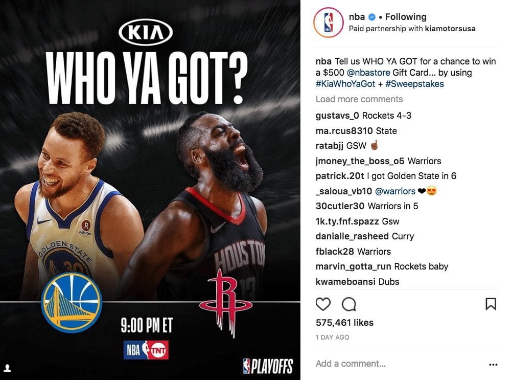 Screenshot Of Nba's Instagram Post Advertising Kia Brand With #Kiawhoyagot Hashtag