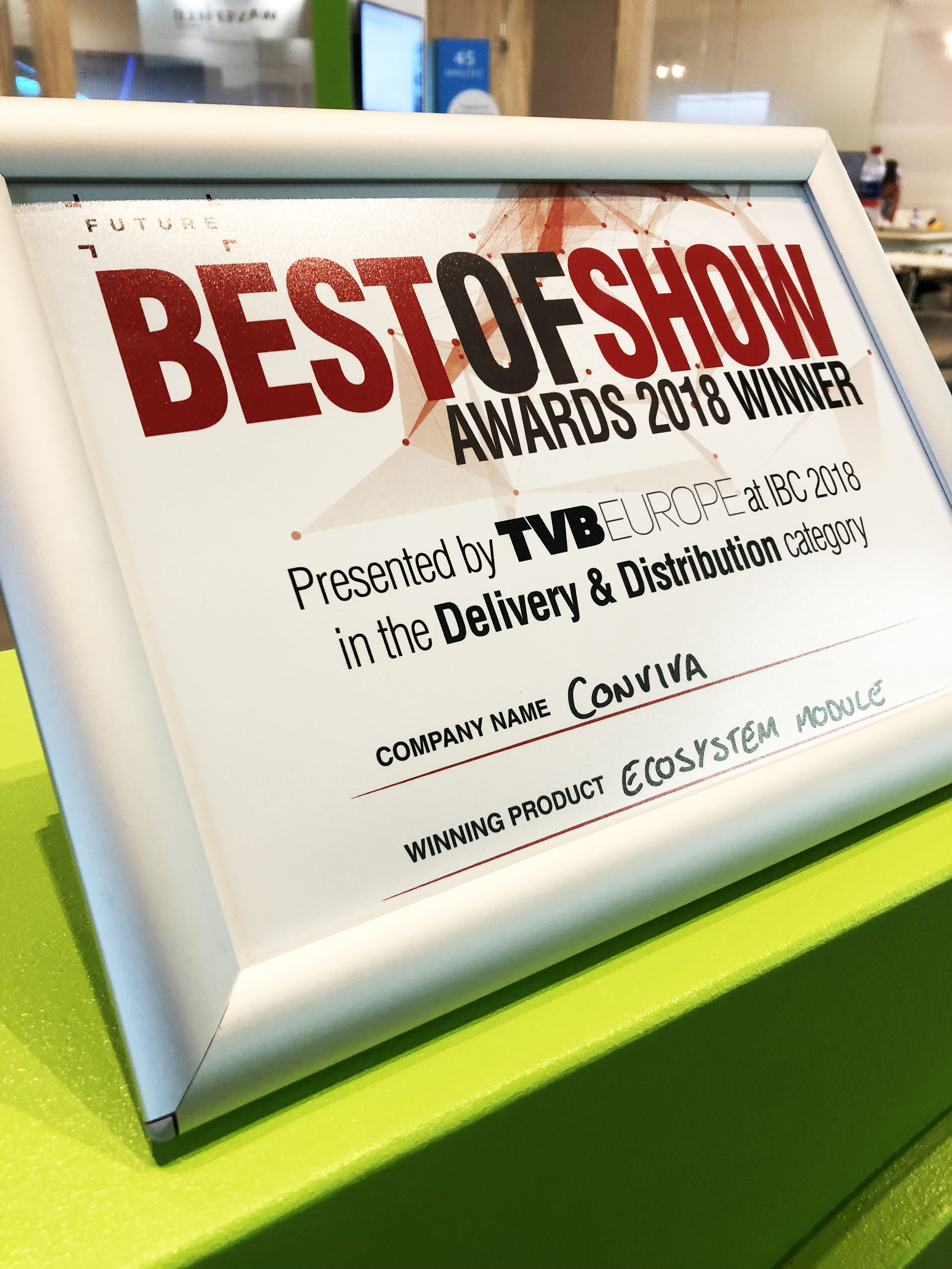 Close up Shot of Conviva's Award "Best of Show" Awards 2018 Presented by TVB Europe at IBC 2018