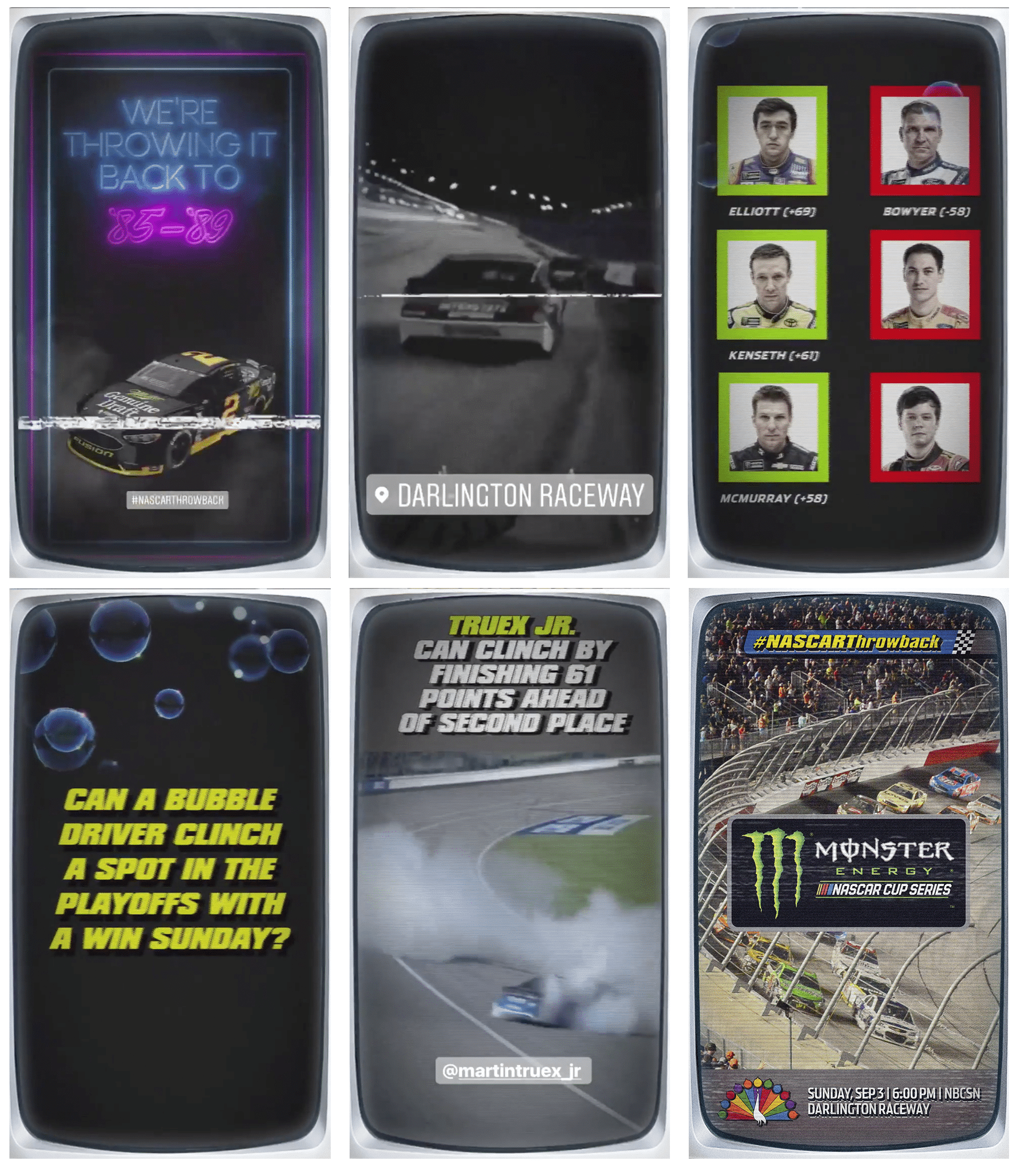 Compile IG Stories Snapchat of NASCAR Throwback using IG static-ridden old TV, Retro Graphics and All of The Throwback Paint Schemes