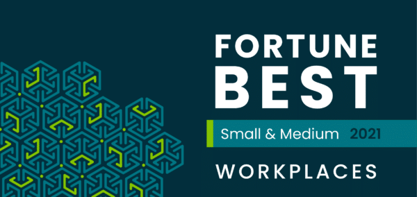 A dark teal colored image with white text for the Fortune Best for Small and Medium Workplaces of 2021. Featured in the bottom left corner is a cluster of the Conviva logo glyphs.